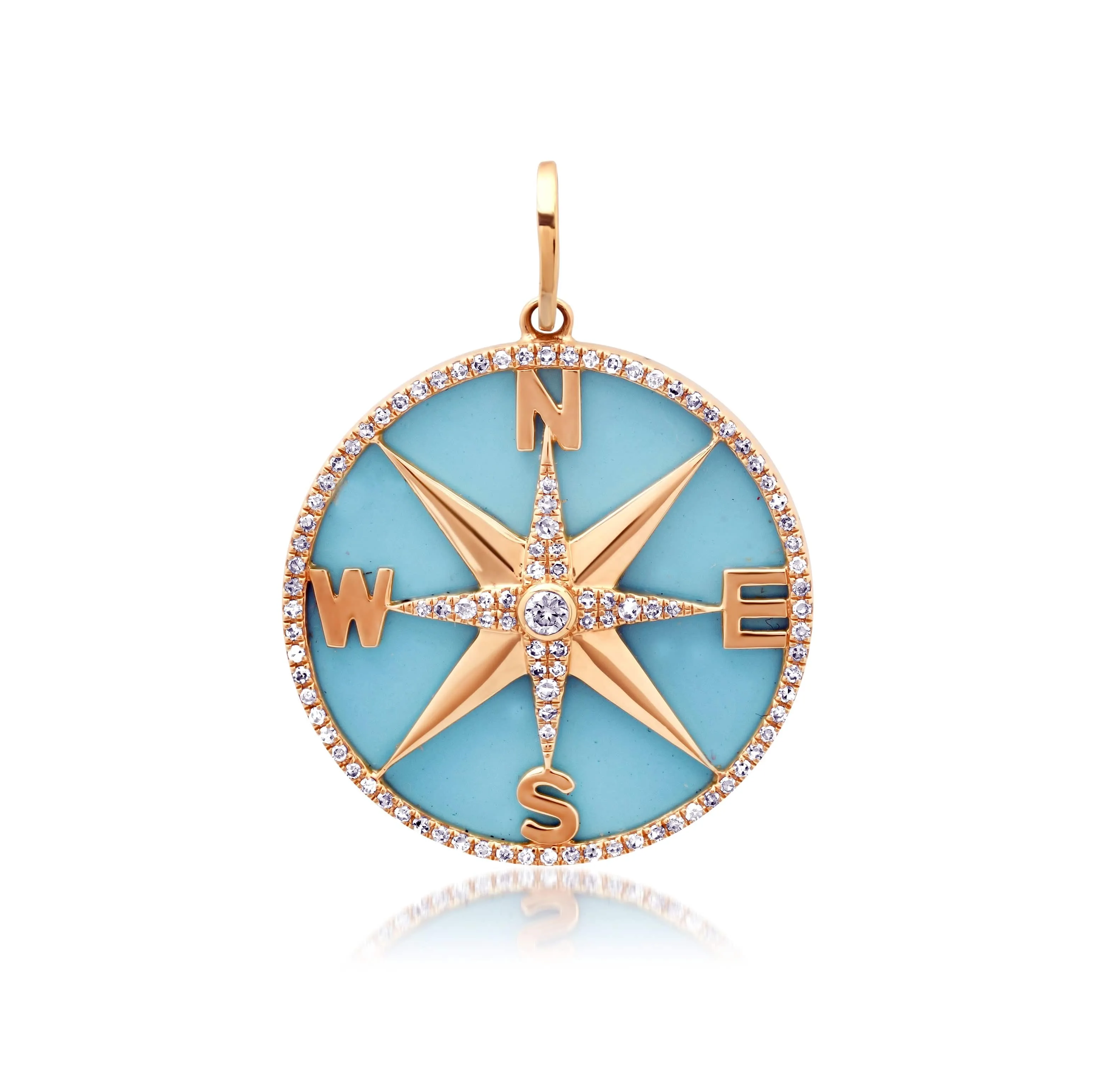 14K Gold Turquoise and Pave Diamond Compass Charm, Medium