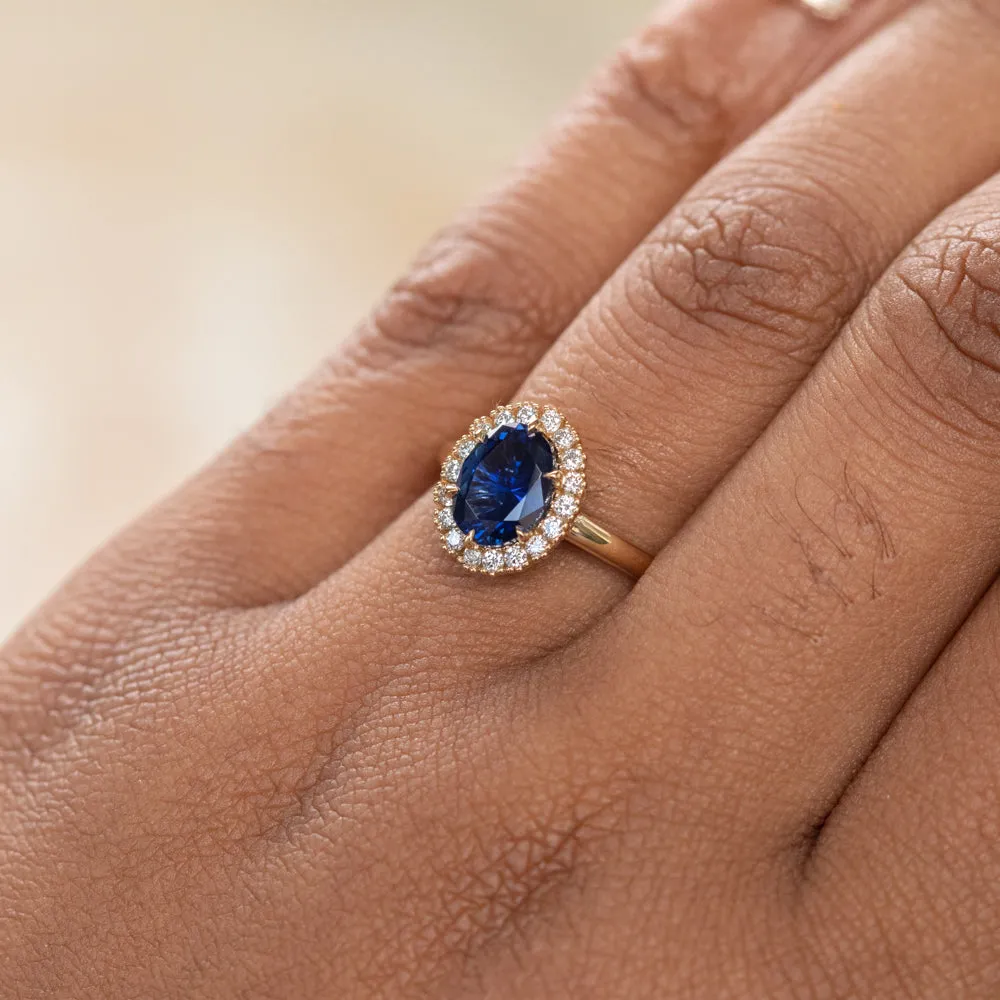 1.63ct Oval Sapphire Antique-Inspired Diamond Halo Ring in 18k Yellow Gold