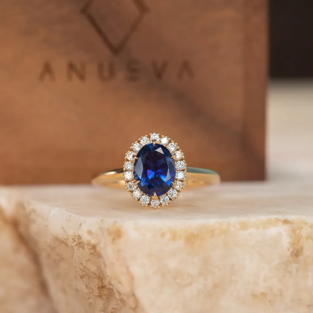 1.63ct Oval Sapphire Antique-Inspired Diamond Halo Ring in 18k Yellow Gold