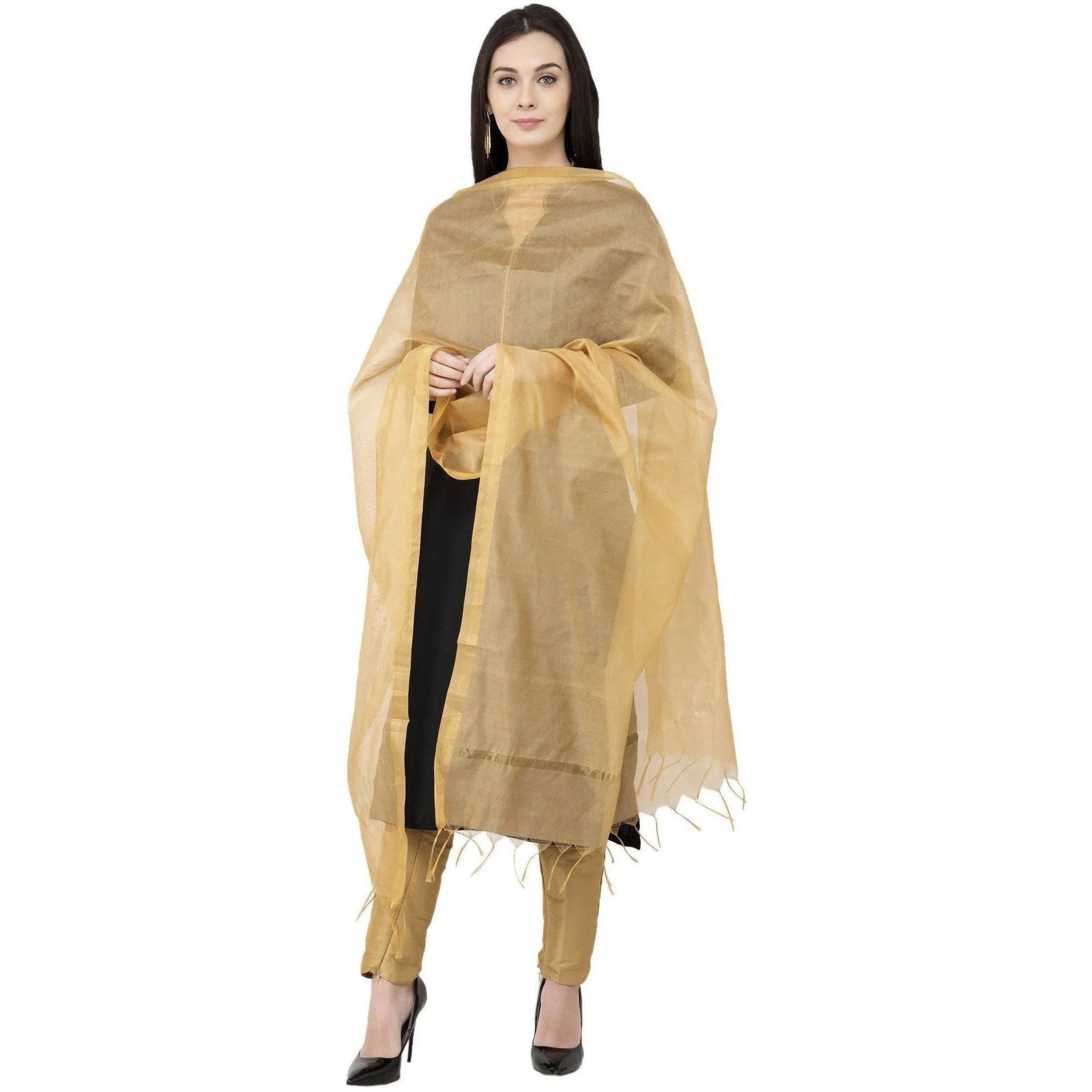 A R Silk Chanderi Piping Regular Dupatta Golden Color Dupatta or Chunni