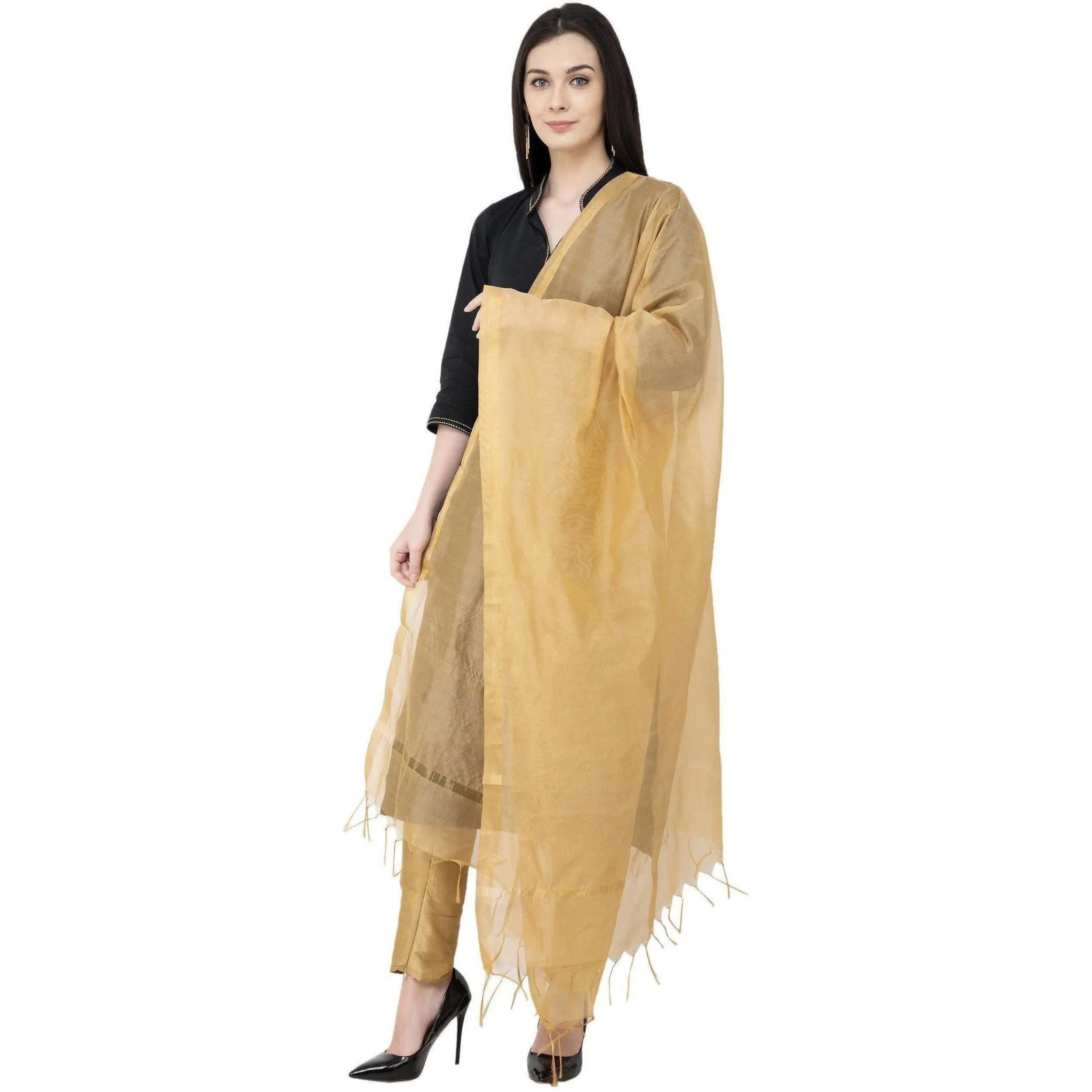 A R Silk Chanderi Piping Regular Dupatta Golden Color Dupatta or Chunni