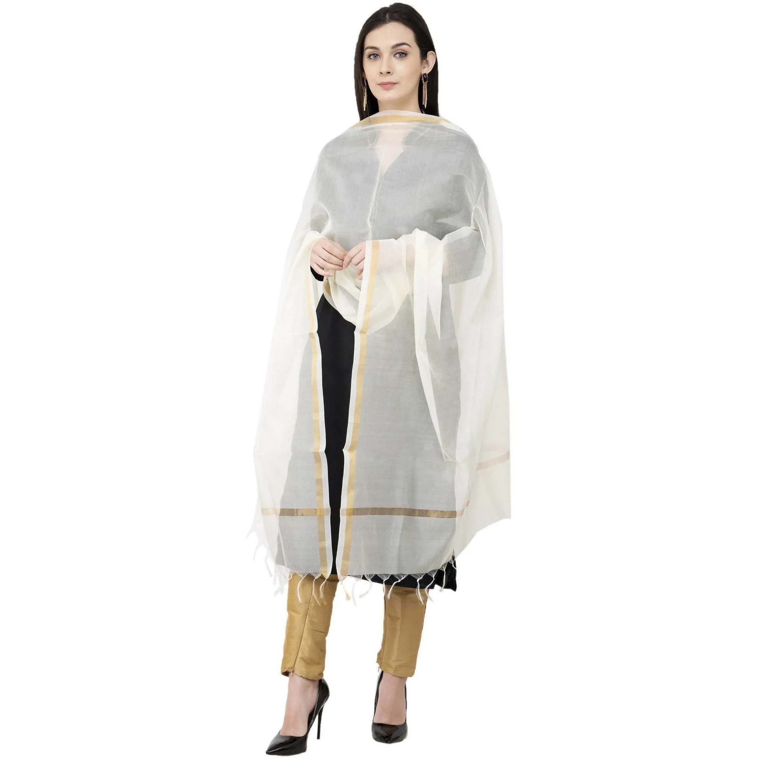 A R Silk Chanderi Piping Regular Dupatta off White Color Dupatta or Chunni