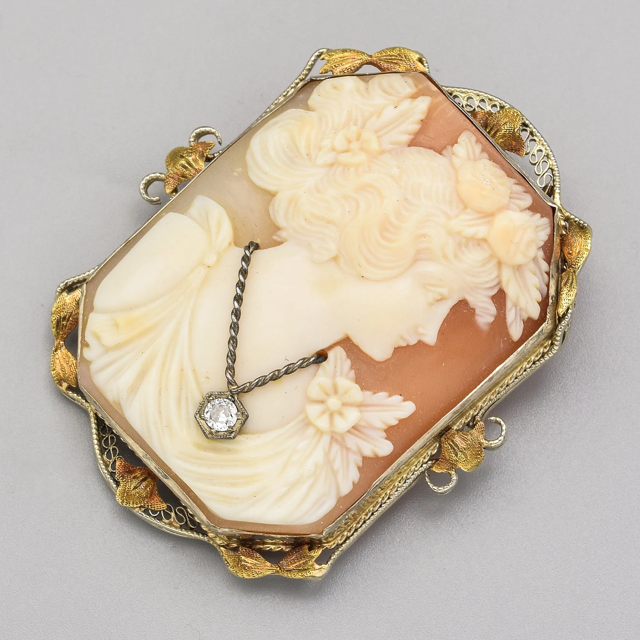 Antique 14K Gold 19th Century Cameo & 0.08 Ct Old Euro Cut Diamond Large Pendant Brooch