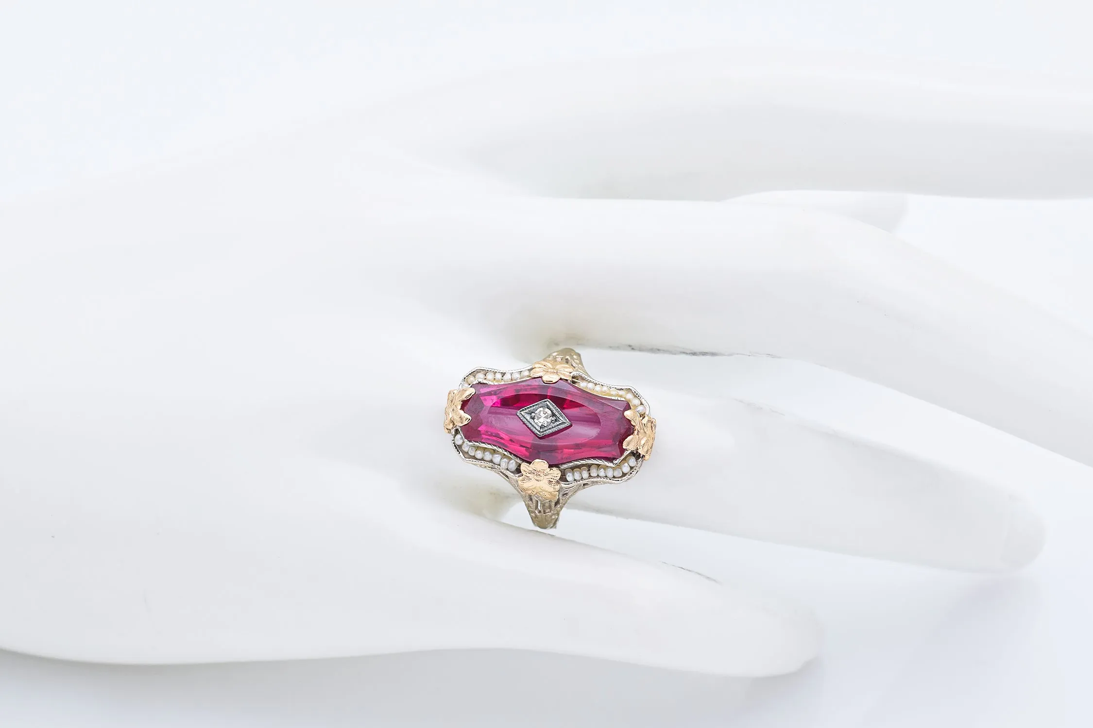 Antique 14K White Yellow Gold Ruby, Seed Pearl & Diamond Cocktail Ring Size7.5