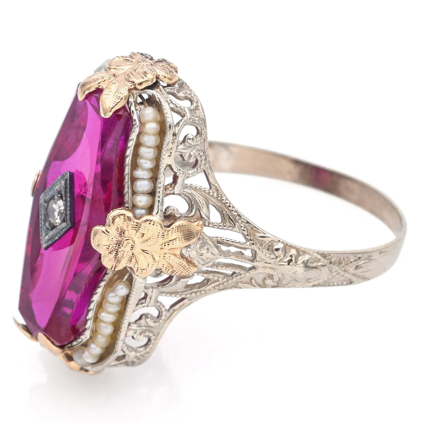 Antique 14K White Yellow Gold Ruby, Seed Pearl & Diamond Cocktail Ring Size7.5