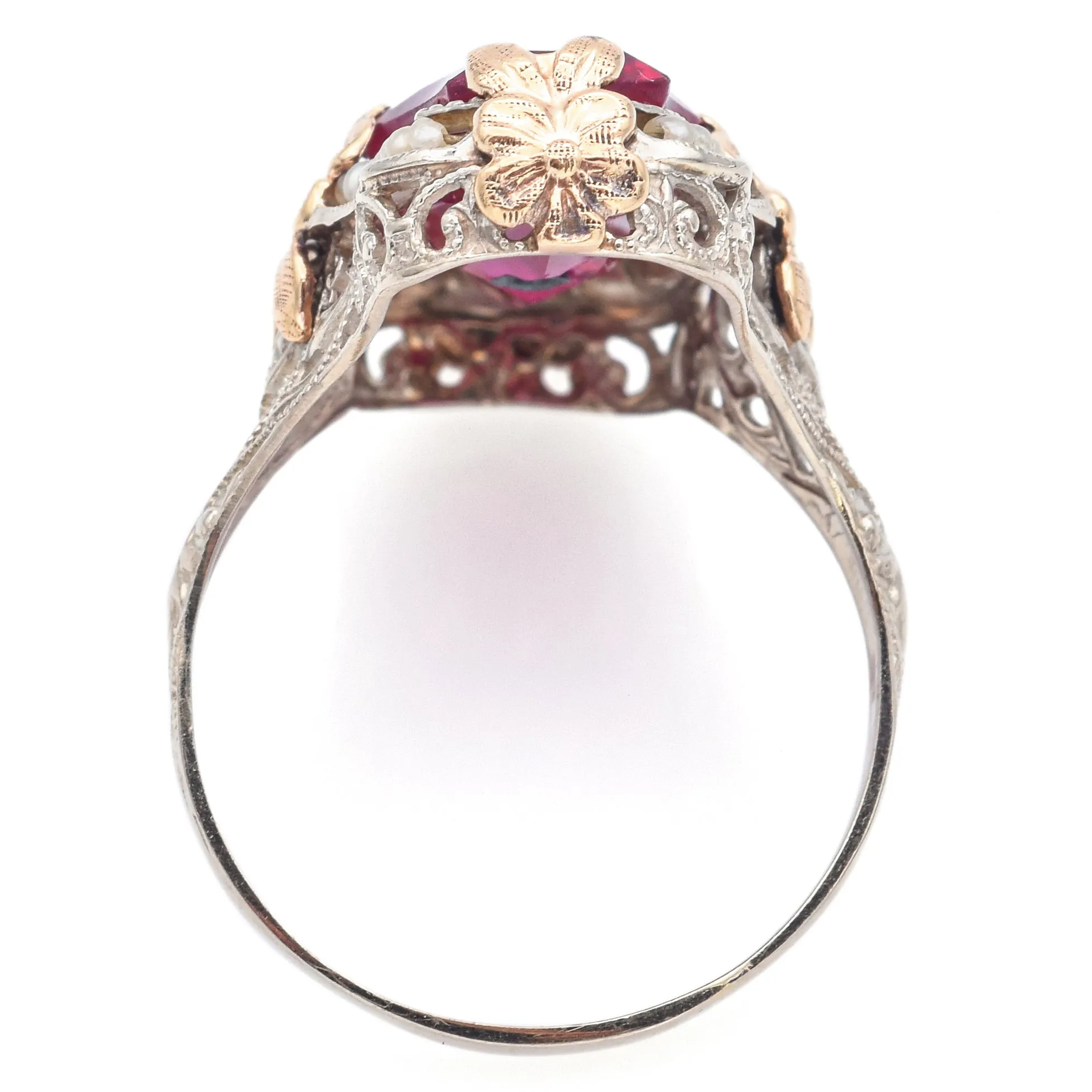 Antique 14K White Yellow Gold Ruby, Seed Pearl & Diamond Cocktail Ring Size7.5