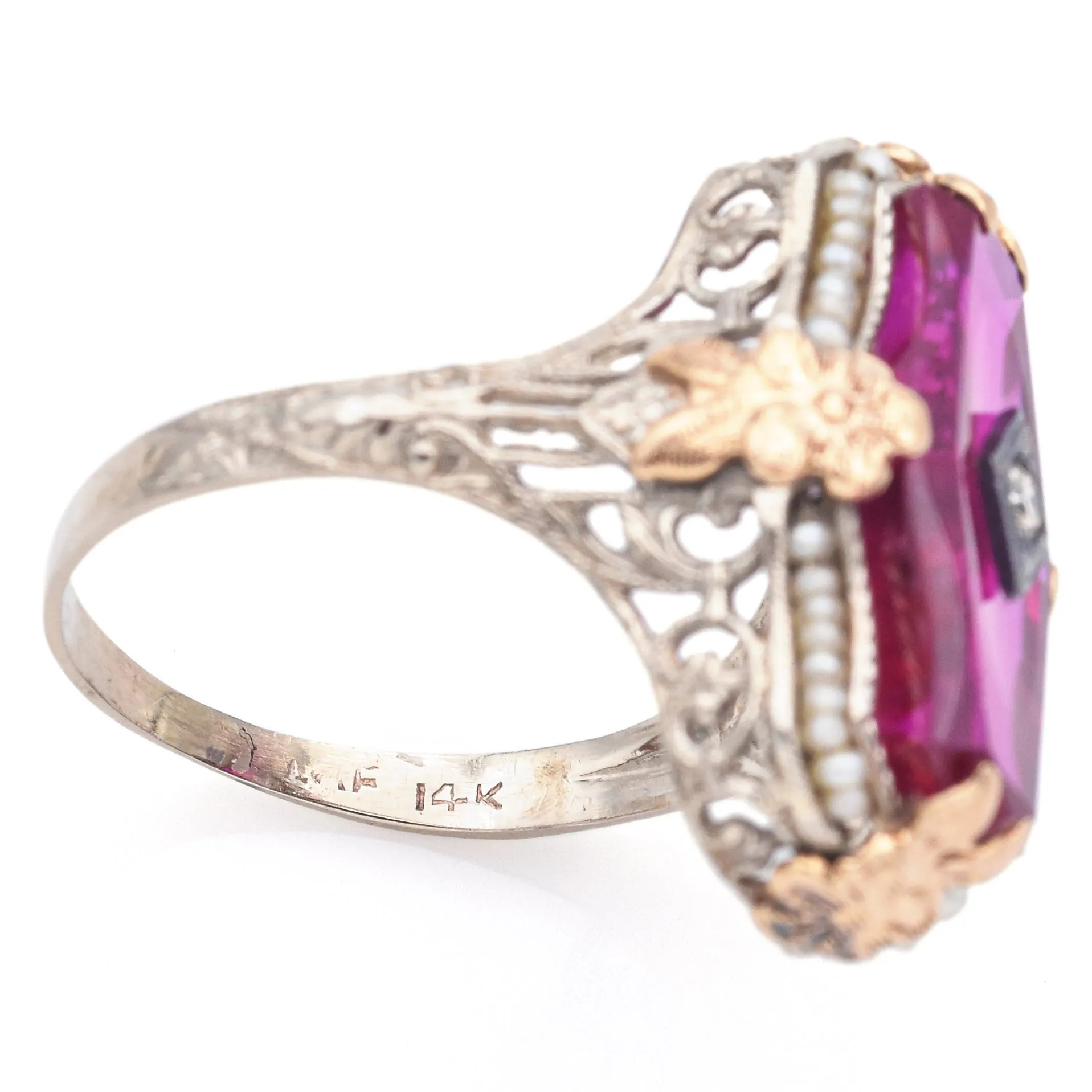 Antique 14K White Yellow Gold Ruby, Seed Pearl & Diamond Cocktail Ring Size7.5