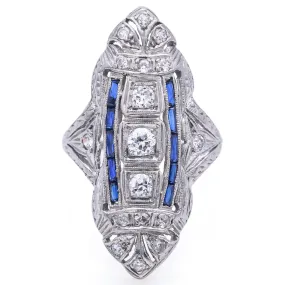 Antique Art Deco Platinum 0.33TCW Diamond & Sapphire Shield Cocktail Ring Sz5.75