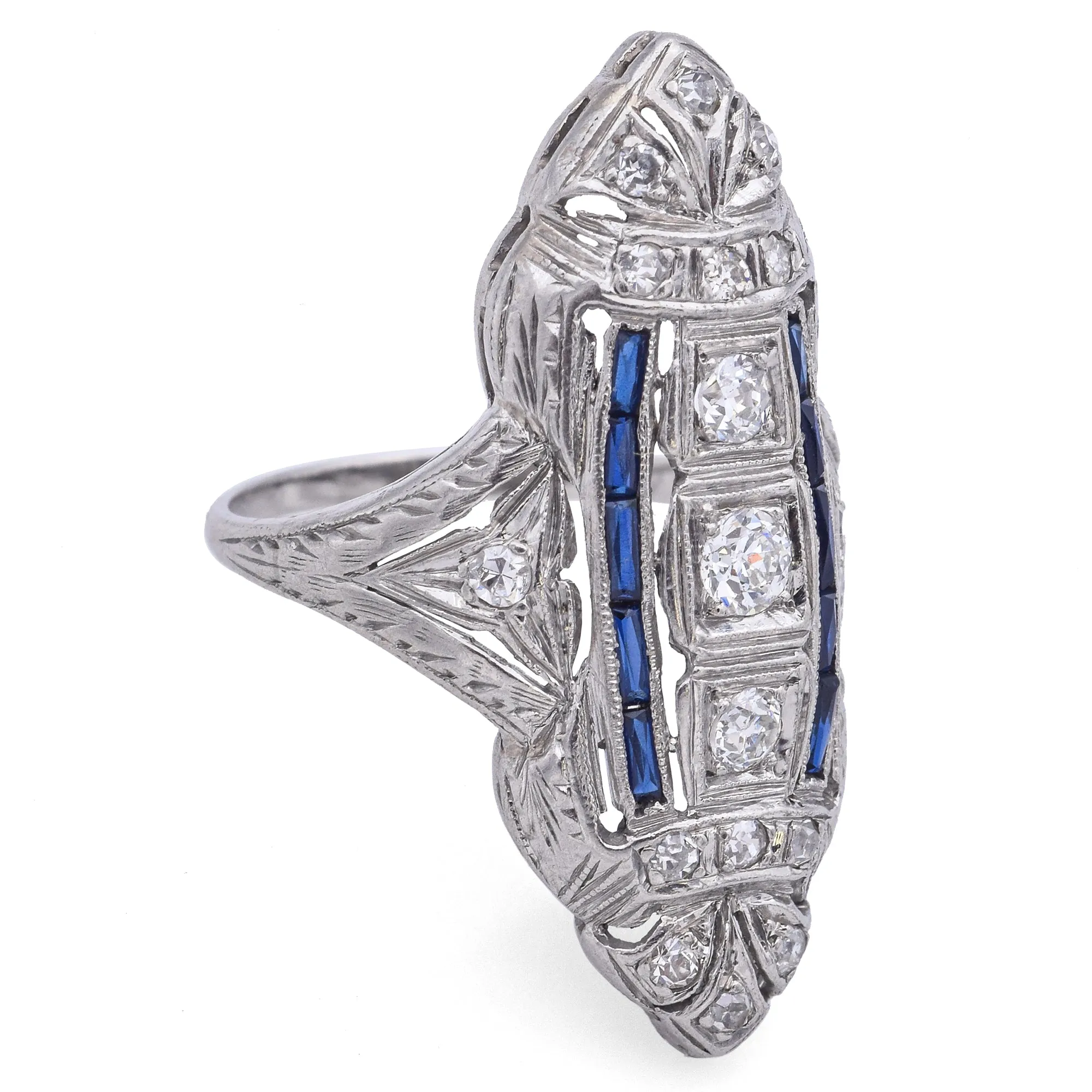 Antique Art Deco Platinum 0.33TCW Diamond & Sapphire Shield Cocktail Ring Sz5.75