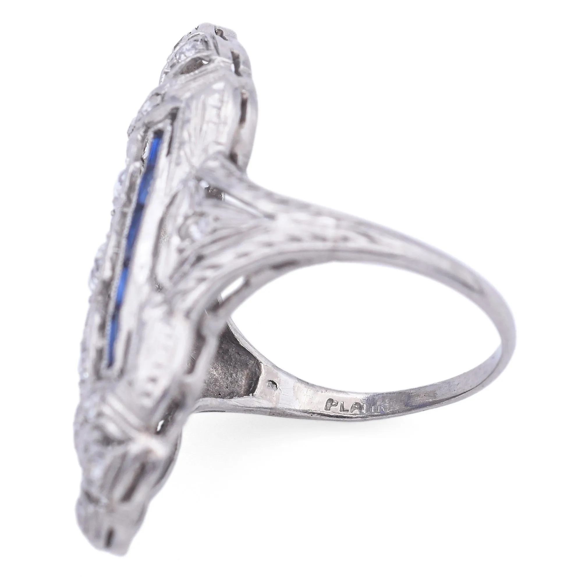 Antique Art Deco Platinum 0.33TCW Diamond & Sapphire Shield Cocktail Ring Sz5.75