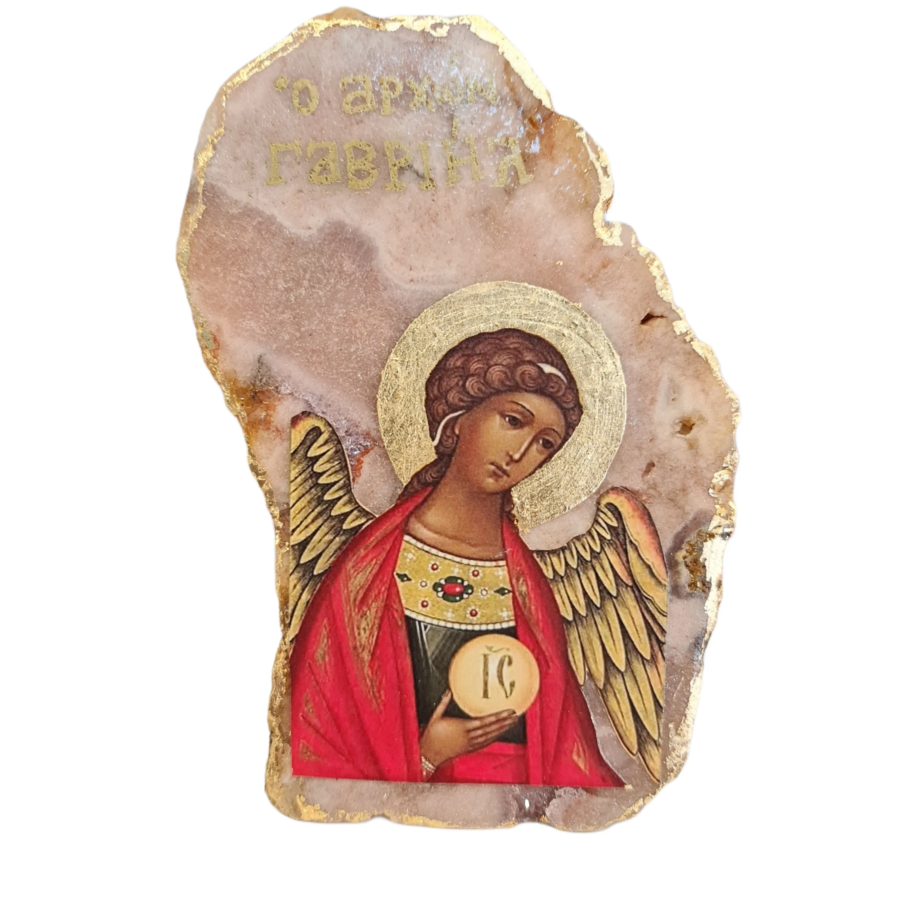 Archangel Gabriel Icon on Pink Amethyst Stone