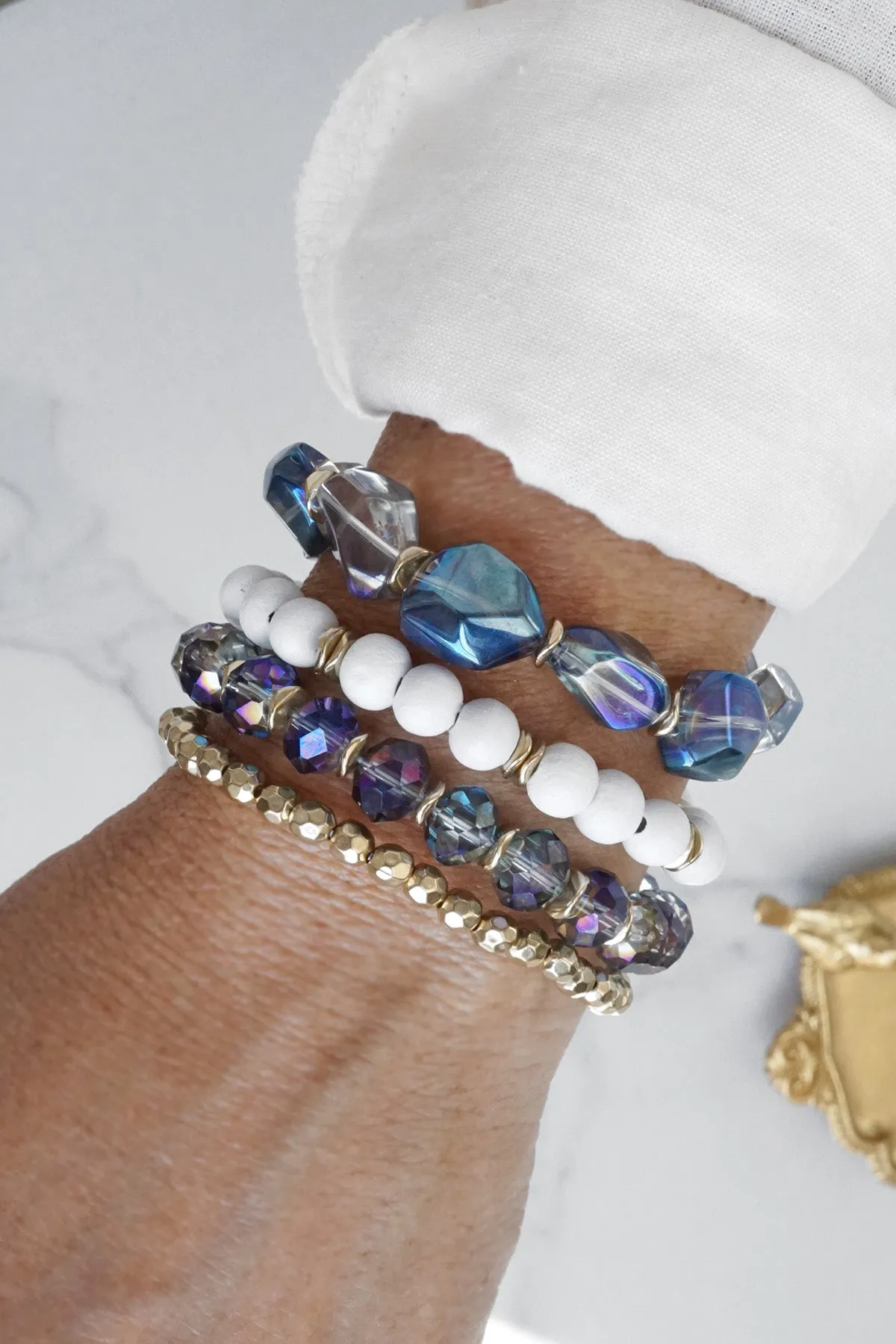 Beaded Bracelets Stack Glass Metal and Wood beads Iridescent White and Gold