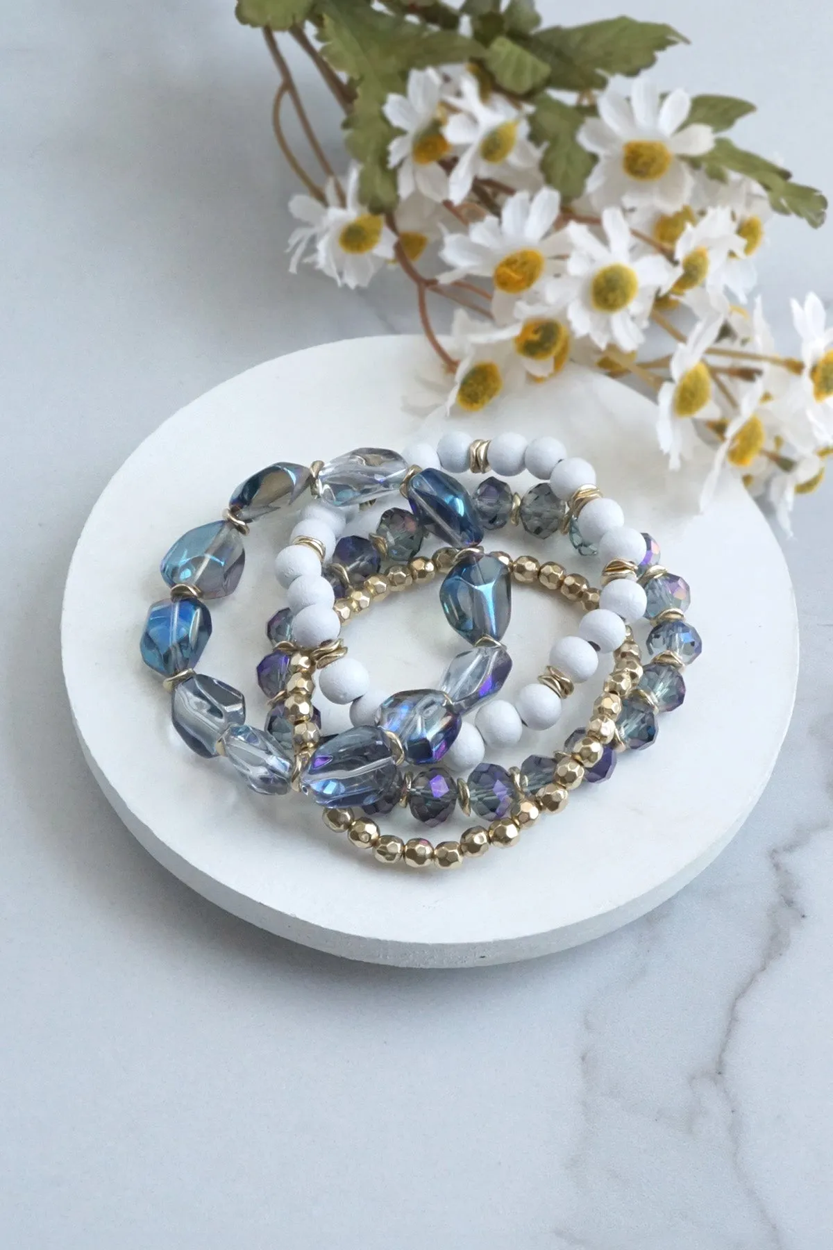 Beaded Bracelets Stack Glass Metal and Wood beads Iridescent White and Gold