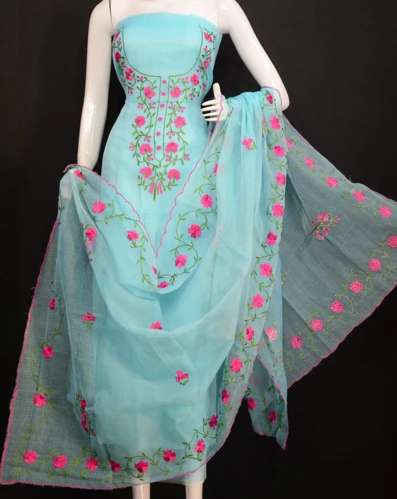 Beautiful Kota Doriya Embroidery Work Suit In Sky Blue