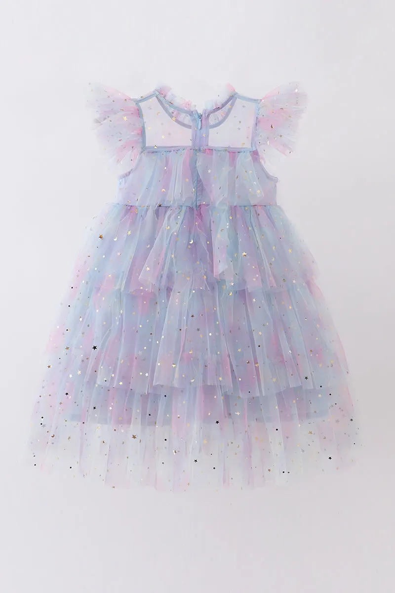 Blue star tiered ruffle tulle dress