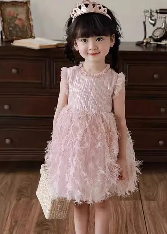 Boutique Pink Ruffled Tulle Patchwork Kids Holiday Feather Mid Dress Sleeveless XZ046