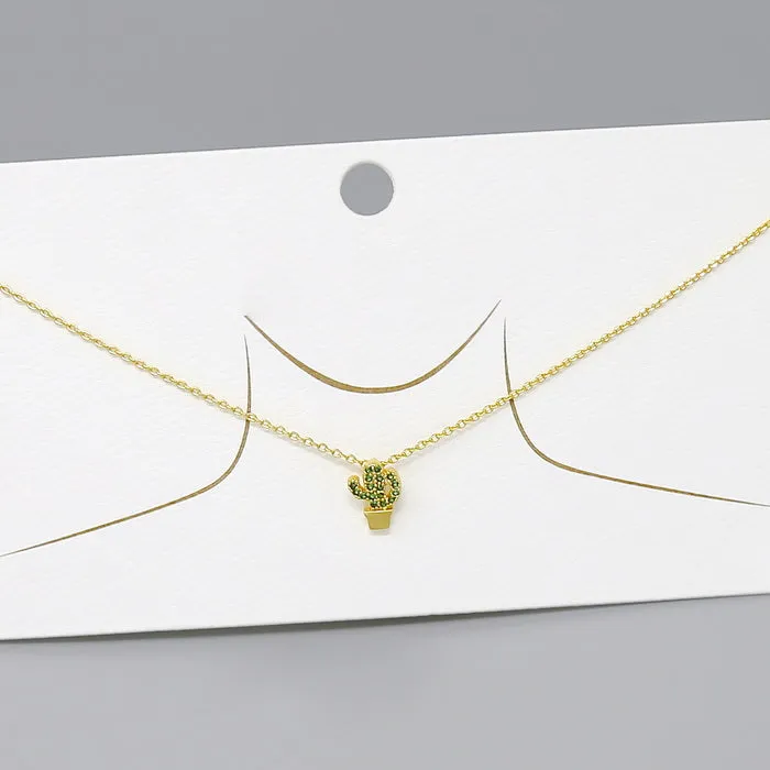 Cactus CZ Pave Pendant Gold Dipped Short Necklace