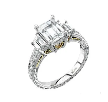 Coast Diamond Platinum Emerald Cut Diamond Flanked By Trapezoids With Engraved Diamond Shank