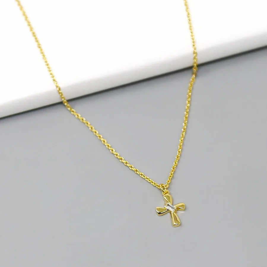 Cross CZ Stone Pendant Short Chain Necklace