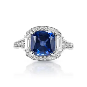 Daphne 4 Carat Vintage Inspired with Step Cut Blue Sapphire Ring in 18K White Gold