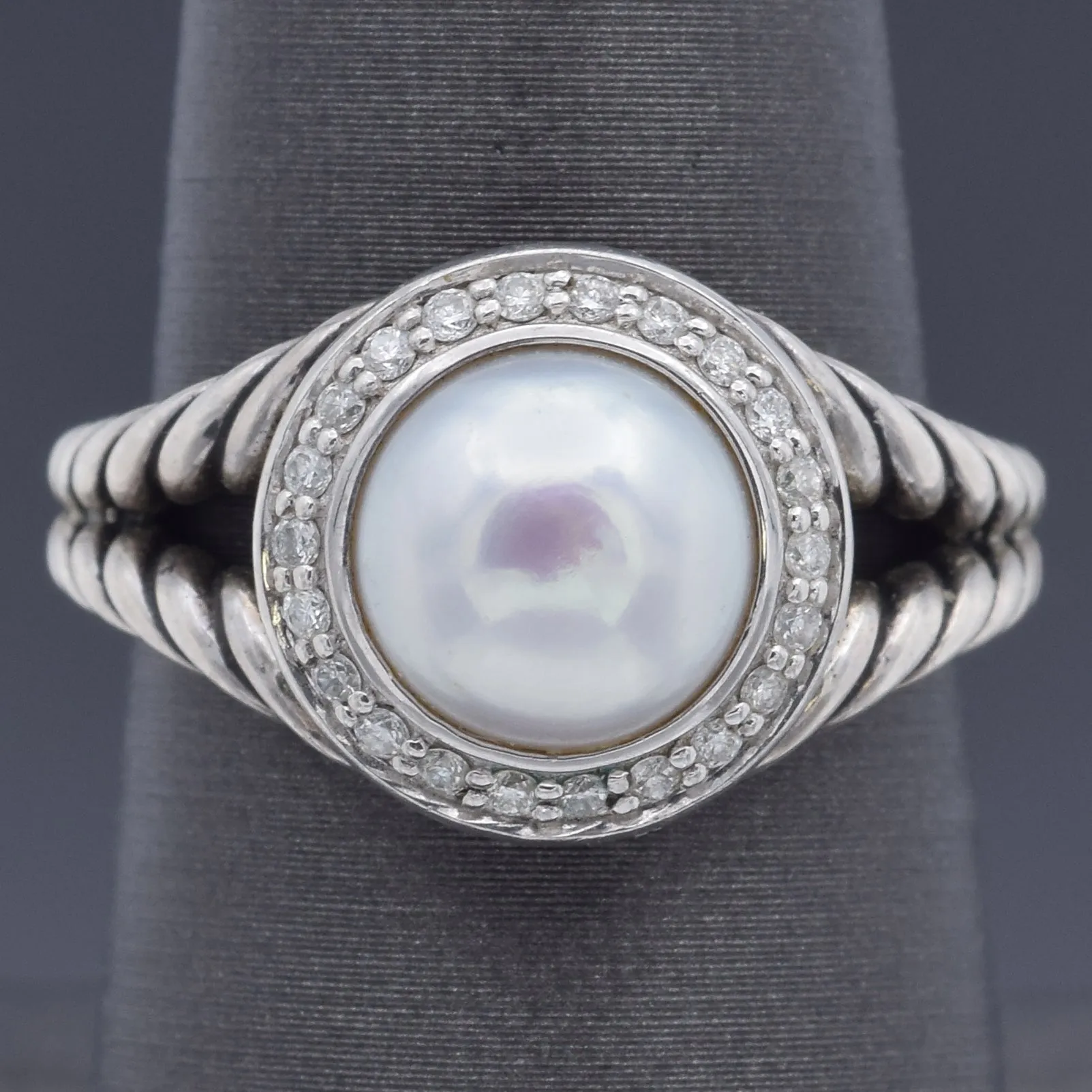 David Yurman Sterling Silver Pearl & Diamond Cable Ring Size