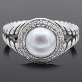 David Yurman Sterling Silver Pearl & Diamond Cable Ring Size