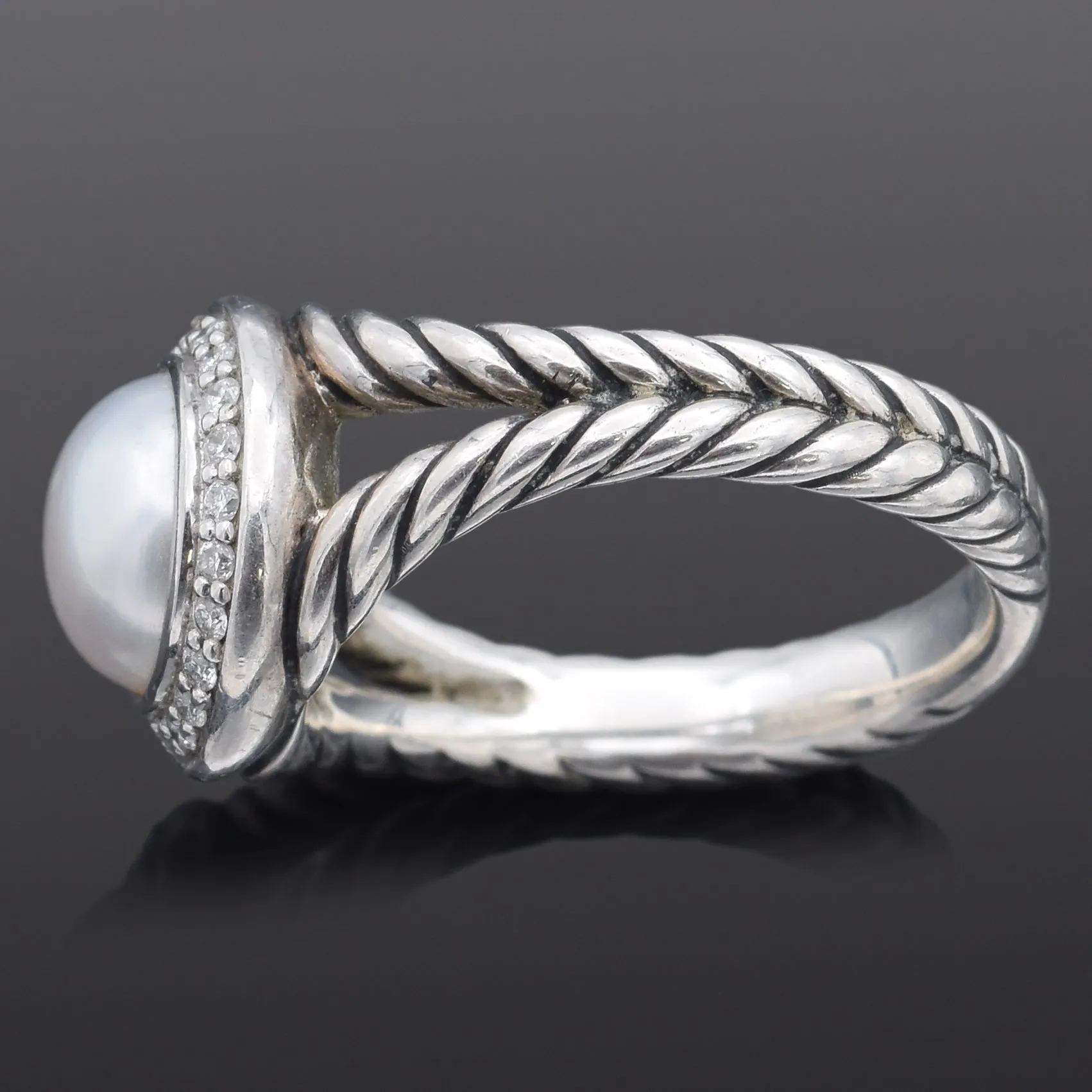 David Yurman Sterling Silver Pearl & Diamond Cable Ring Size