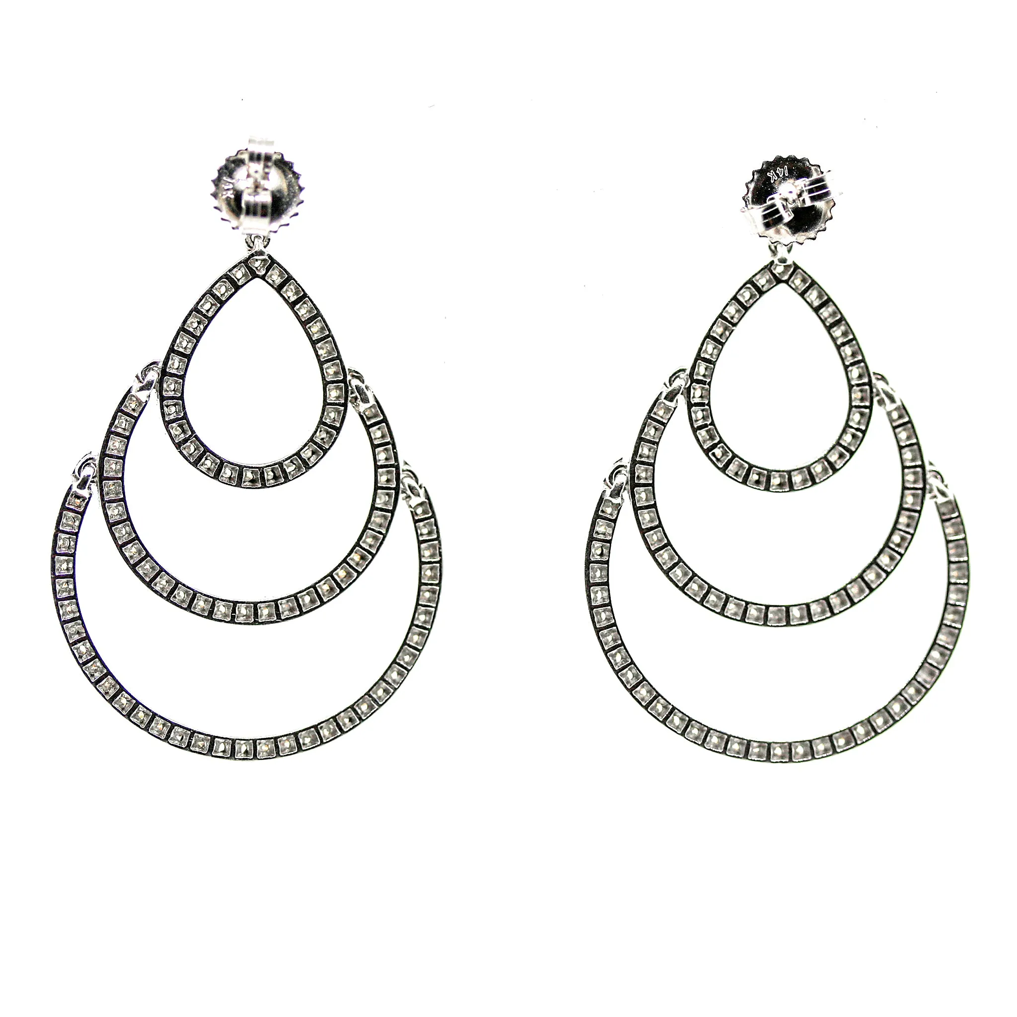 Diamond Triple Hoop Hanging Earrings in 14k White Gold