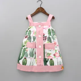 Flamingo And Cactus Printed Patch Pocket Detail Dress