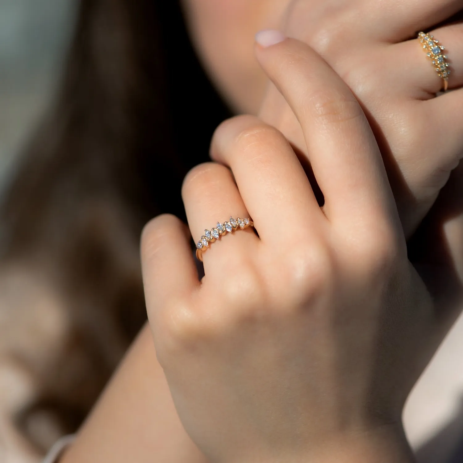 Floating Marquise Cut Cluster Ring with Nine Diamonds