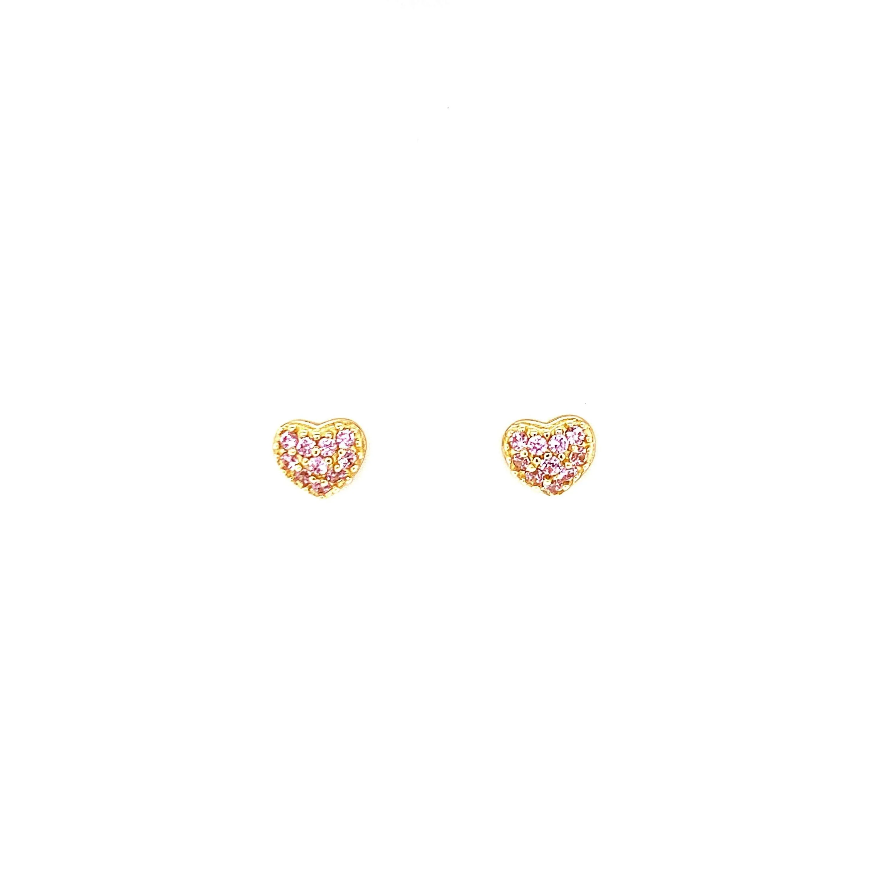 Gold Heart Stud Earrings With CZ Stones And Screw Back Post