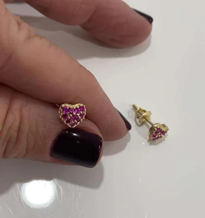 Gold Heart Stud Earrings With CZ Stones And Screw Back Post