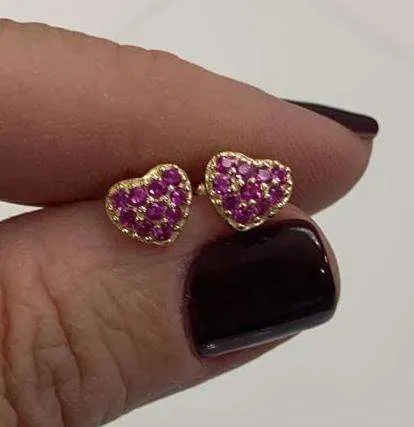 Gold Heart Stud Earrings With CZ Stones And Screw Back Post