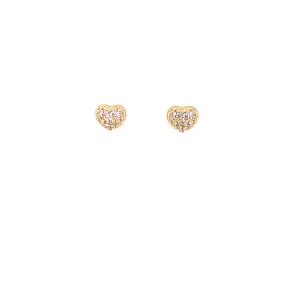 Gold Heart Stud Earrings With CZ Stones And Screw Back Post