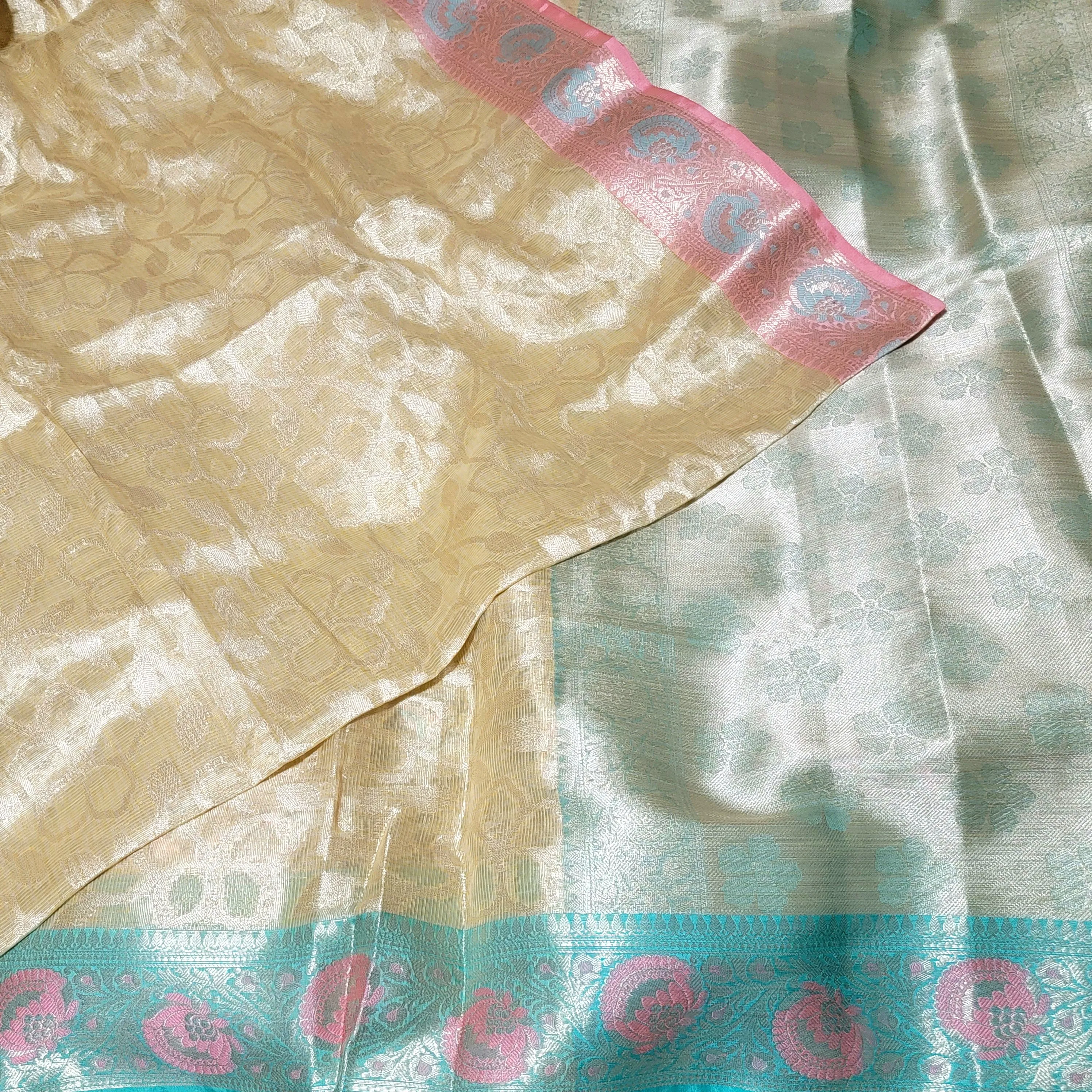 Golden Pink & Mint Green Banarasi Kota Silk Saree With Stitched Blouse