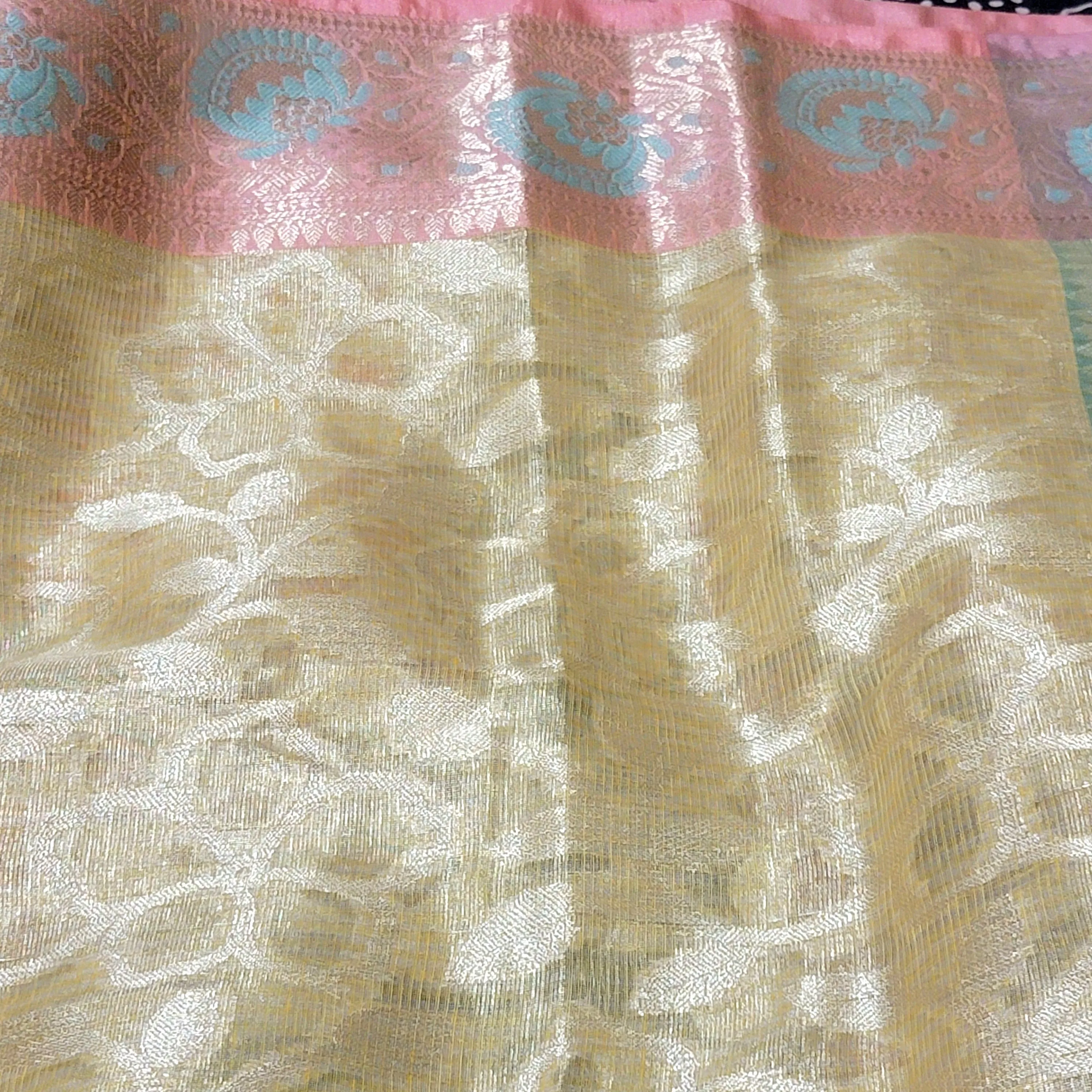 Golden Pink & Mint Green Banarasi Kota Silk Saree With Stitched Blouse