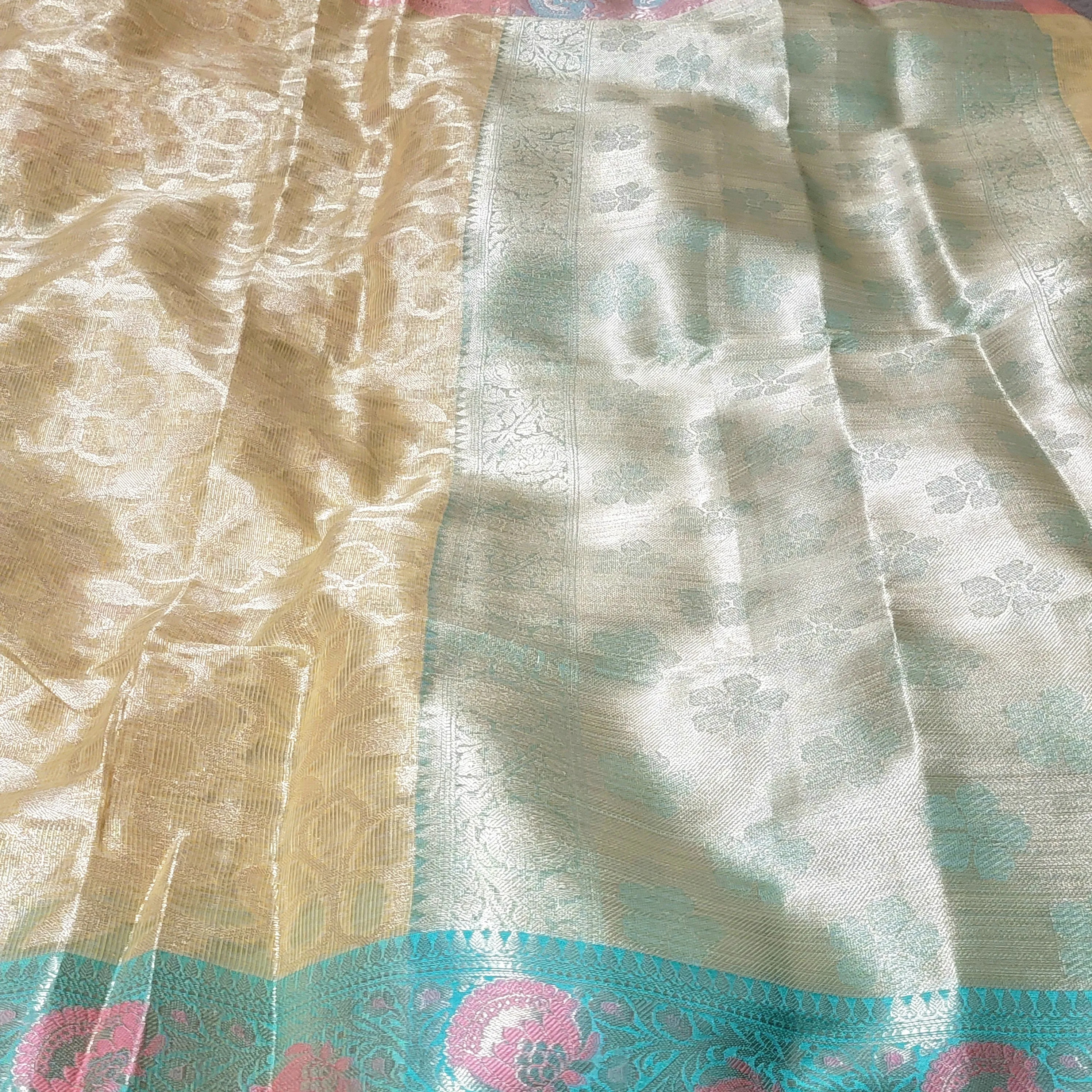 Golden Pink & Mint Green Banarasi Kota Silk Saree With Stitched Blouse