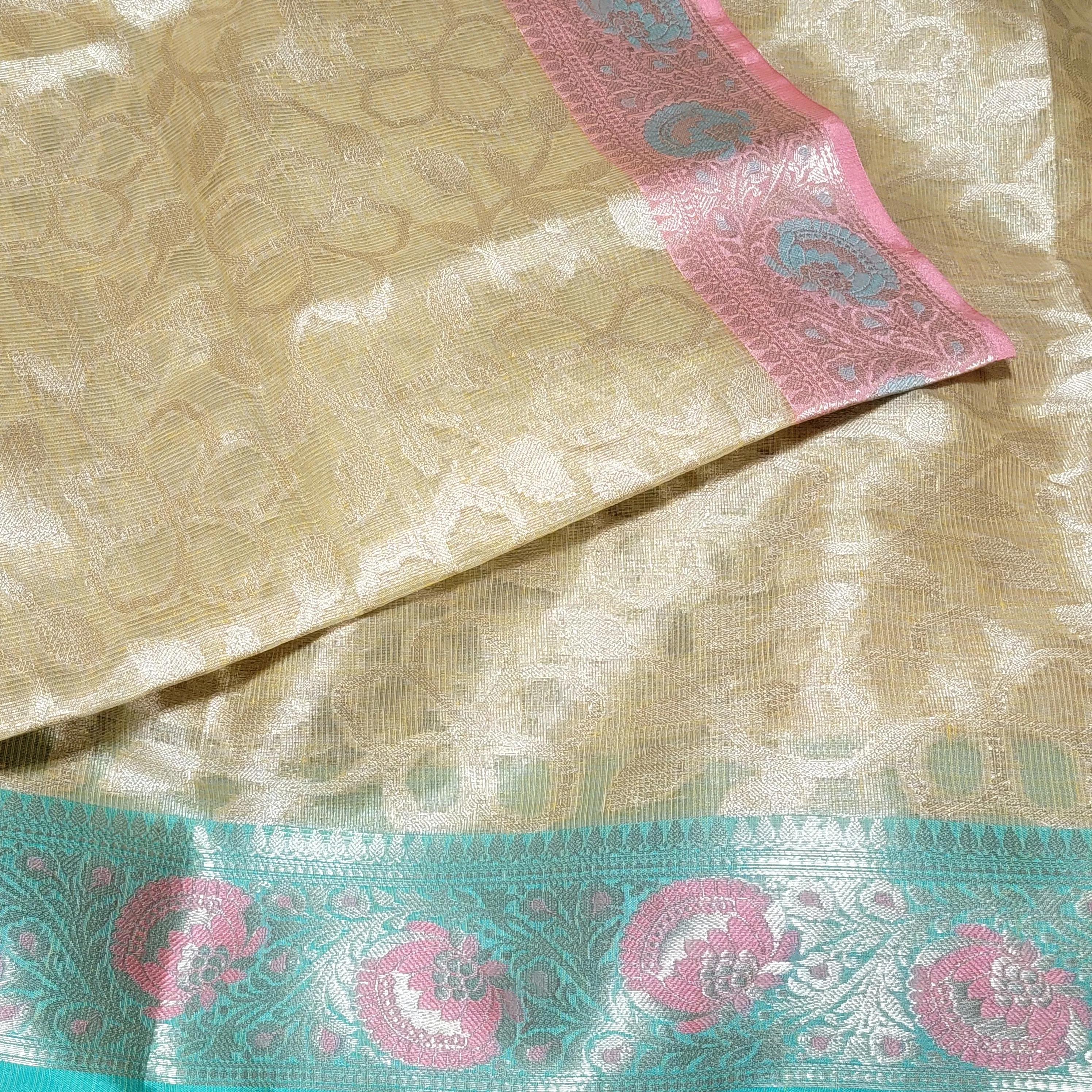 Golden Pink & Mint Green Banarasi Kota Silk Saree With Stitched Blouse