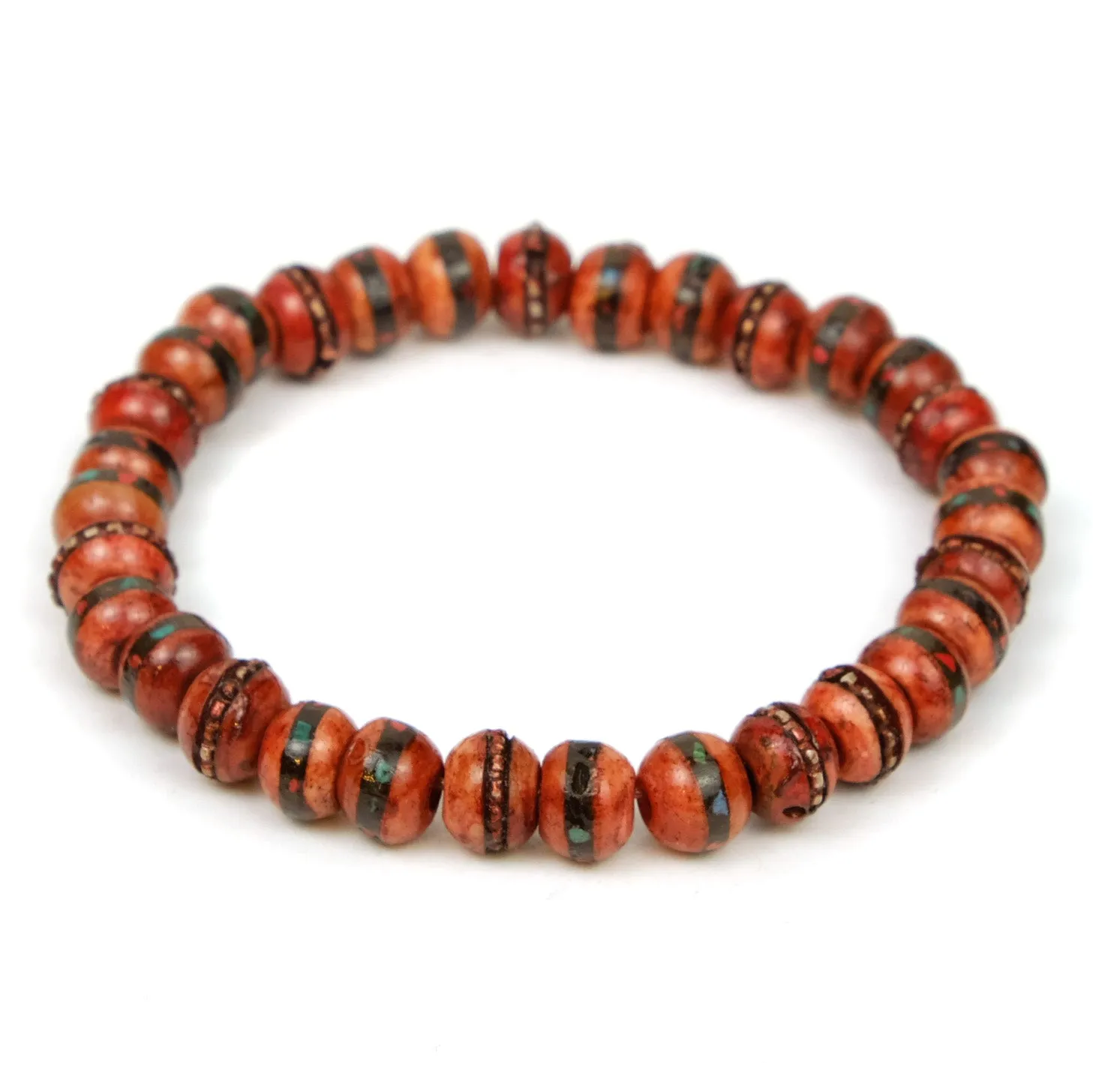 Inlaid Yak Bone Stretch Bracelet 8mm Red