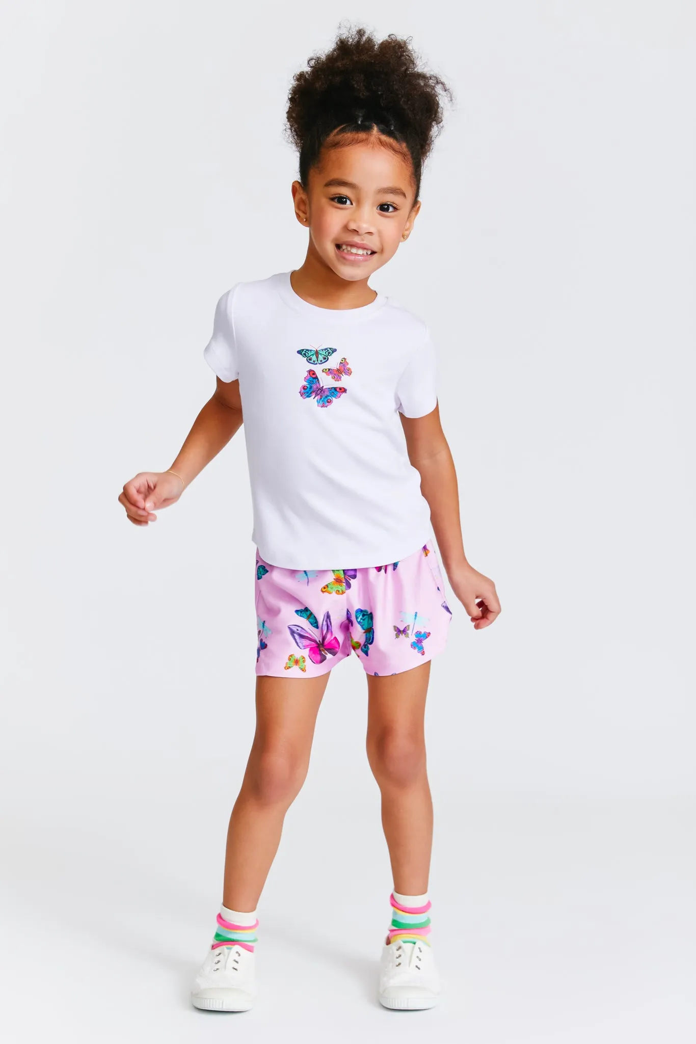 Kids Gym Shorts in Pink Neon Butterflies