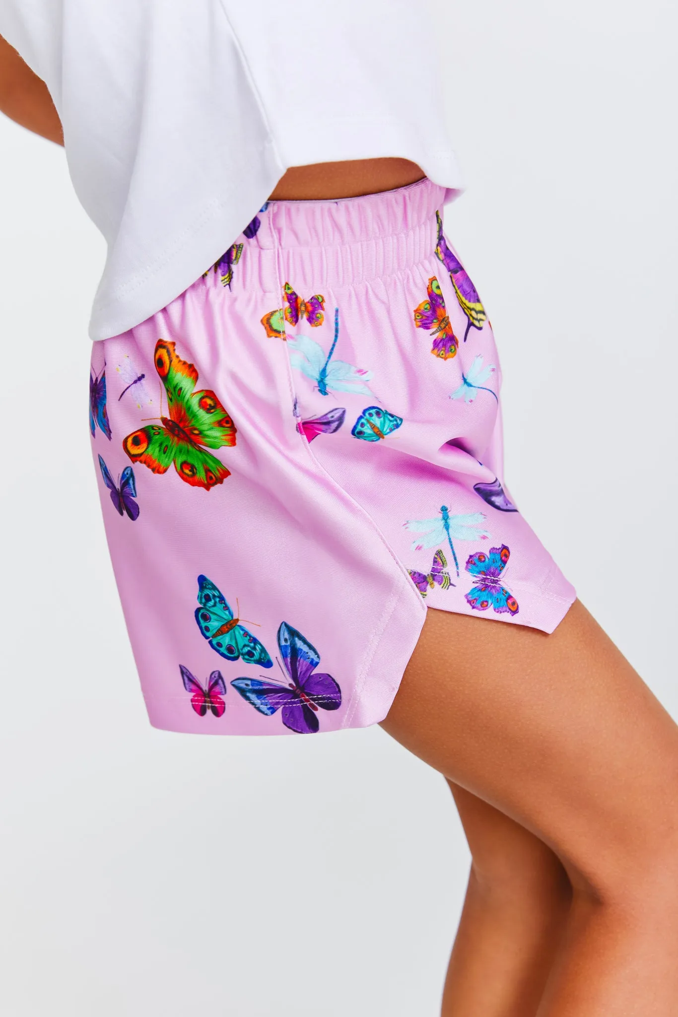 Kids Gym Shorts in Pink Neon Butterflies