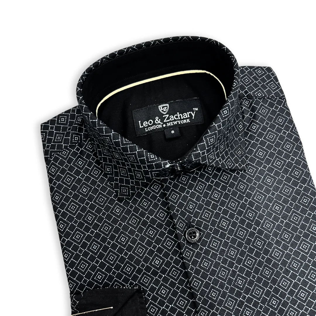 Leo & Zachary Boys Black Diamond Print Dress Shirt_ 5965