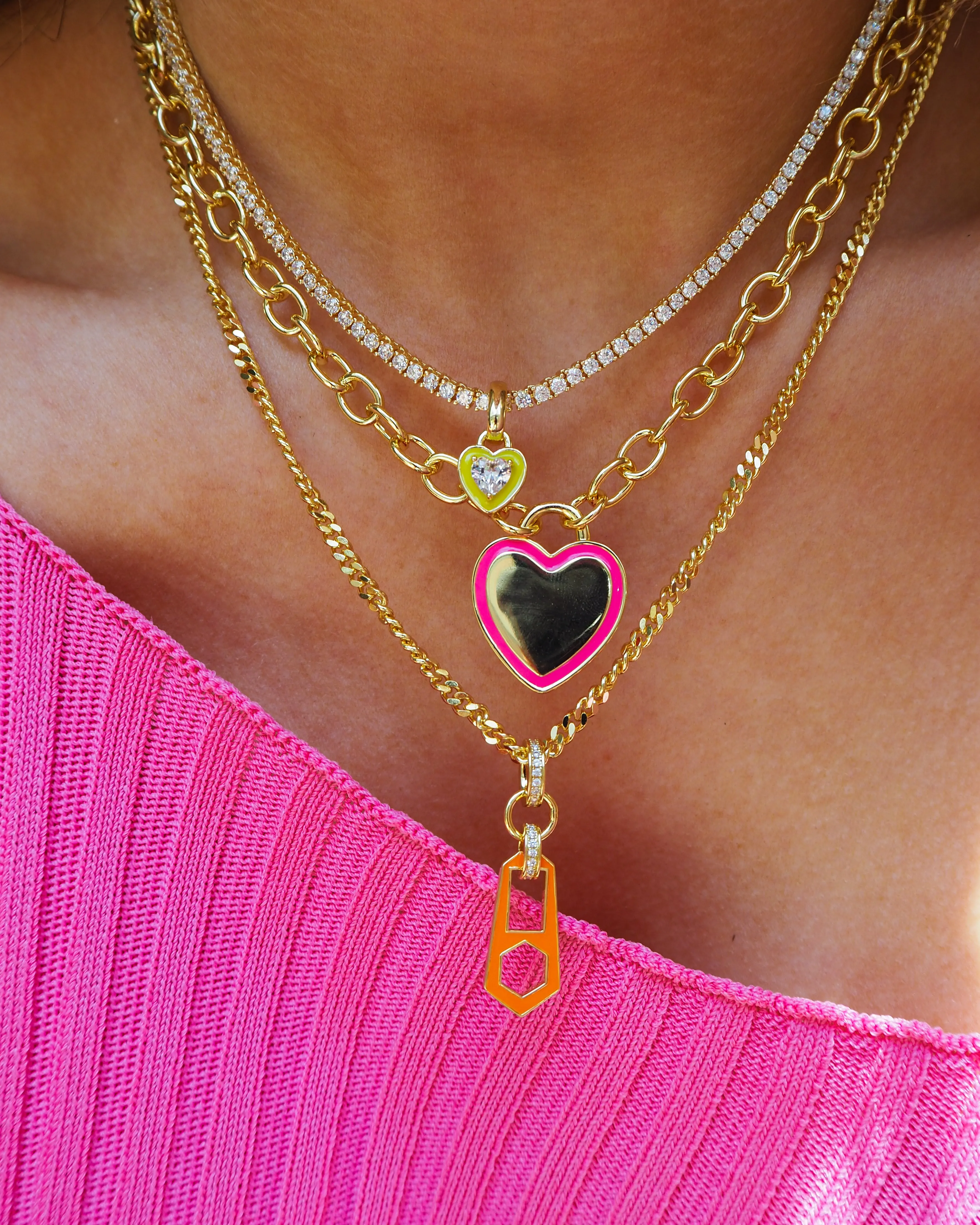 Mini Zipper Pendant Necklace- Neon Orange- Gold