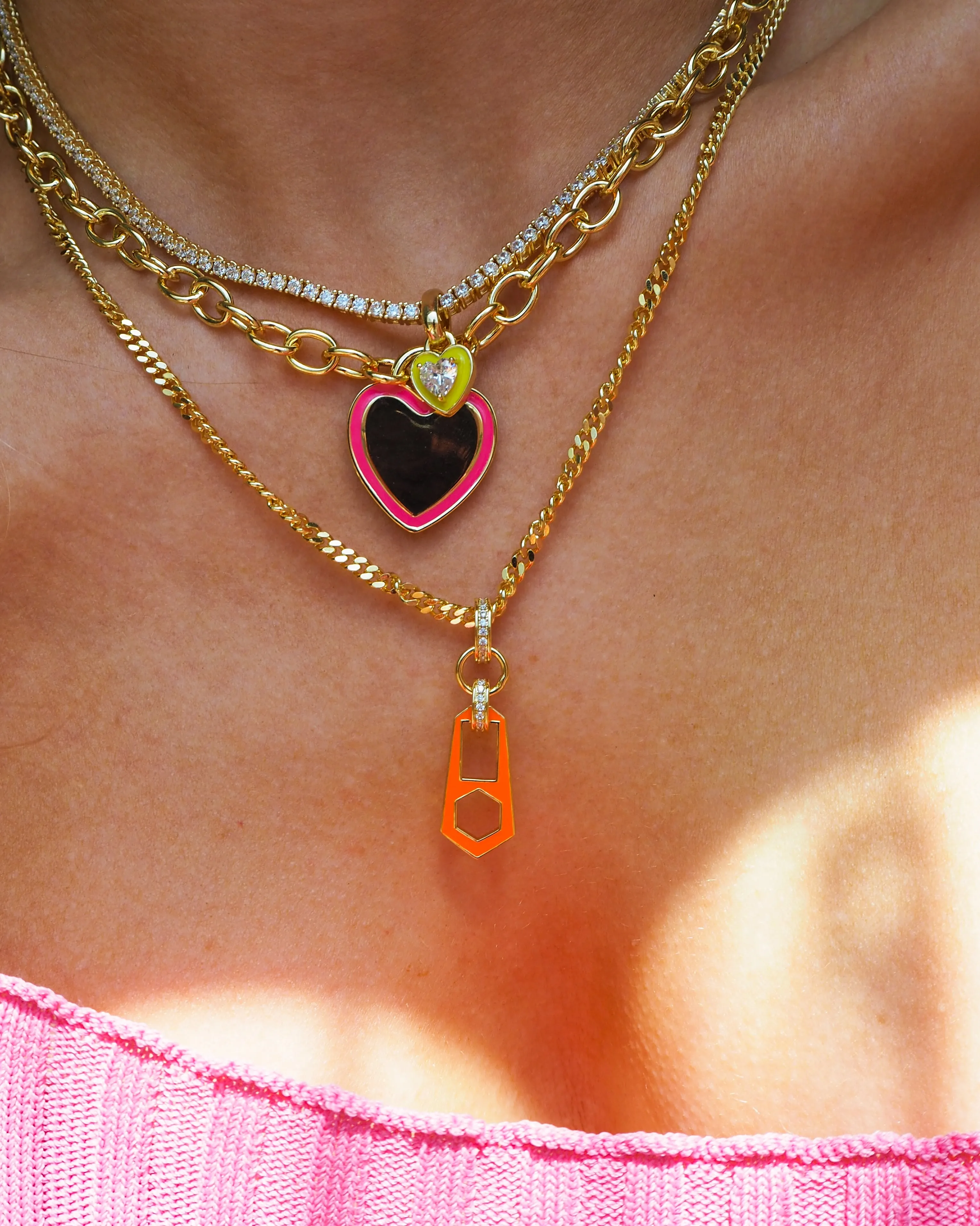 Mini Zipper Pendant Necklace- Neon Orange- Gold