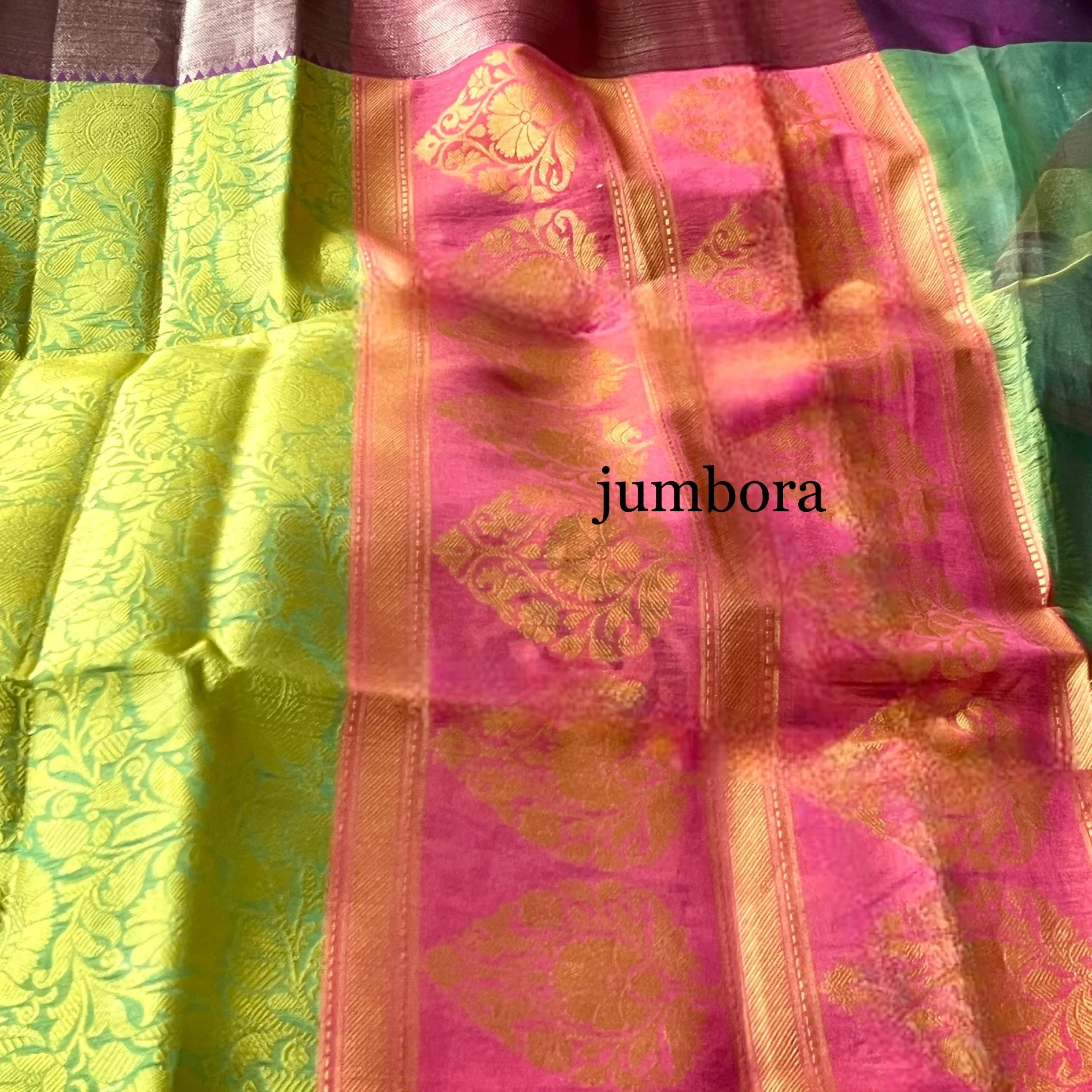 Neon Green & Magenta Kora Banarasi Saree With Stitched Blouse