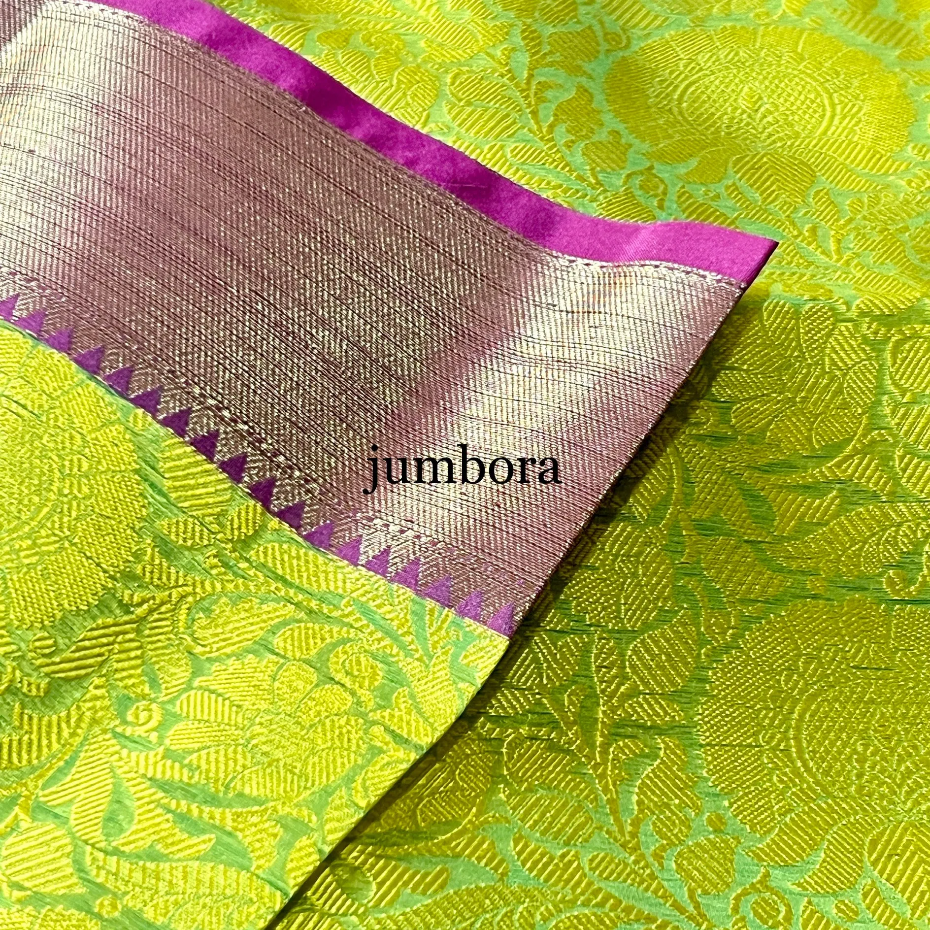 Neon Green & Magenta Kora Banarasi Saree With Stitched Blouse