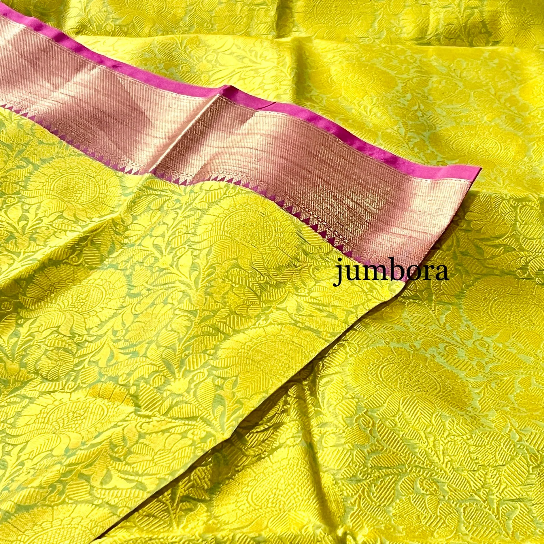 Neon Green & Magenta Kora Banarasi Saree With Stitched Blouse