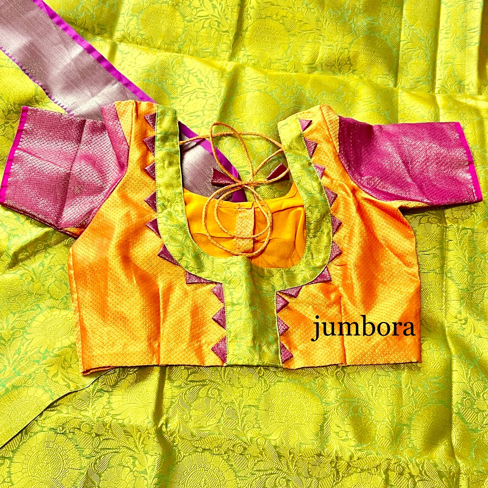 Neon Green & Magenta Kora Banarasi Saree With Stitched Blouse