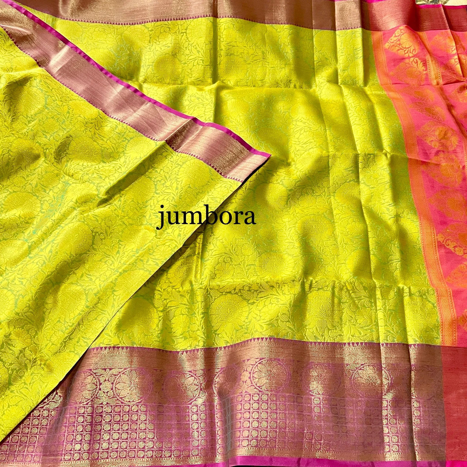 Neon Green & Magenta Kora Banarasi Saree With Stitched Blouse