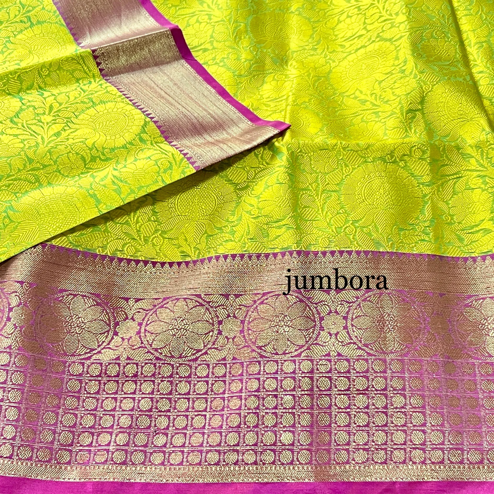 Neon Green & Magenta Kora Banarasi Saree With Stitched Blouse